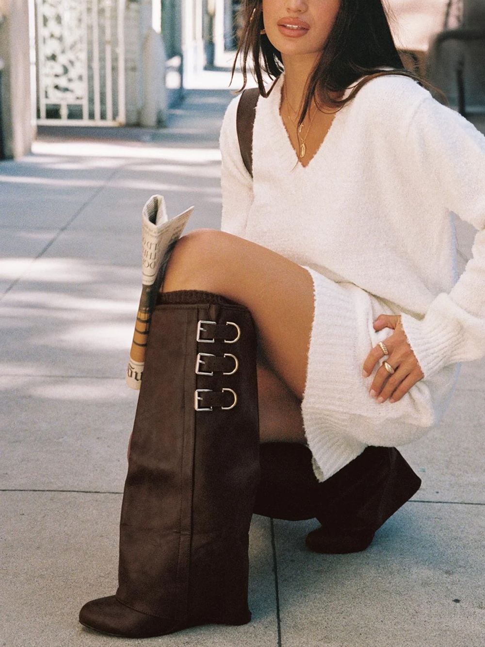 Women’s Brown Knee-High Buckle Boots
